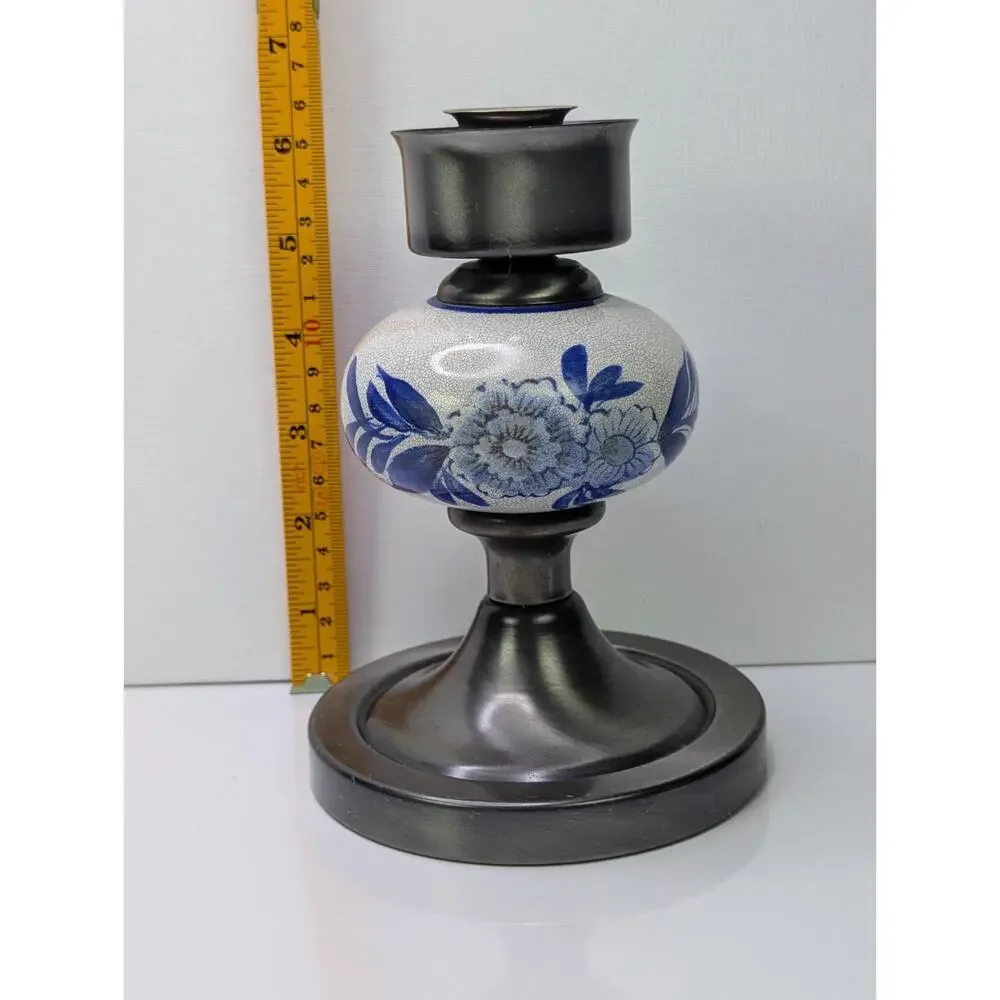 Blue White Floral Crackle Glaze Ceramic Pewter Tone Taper Candle Holder